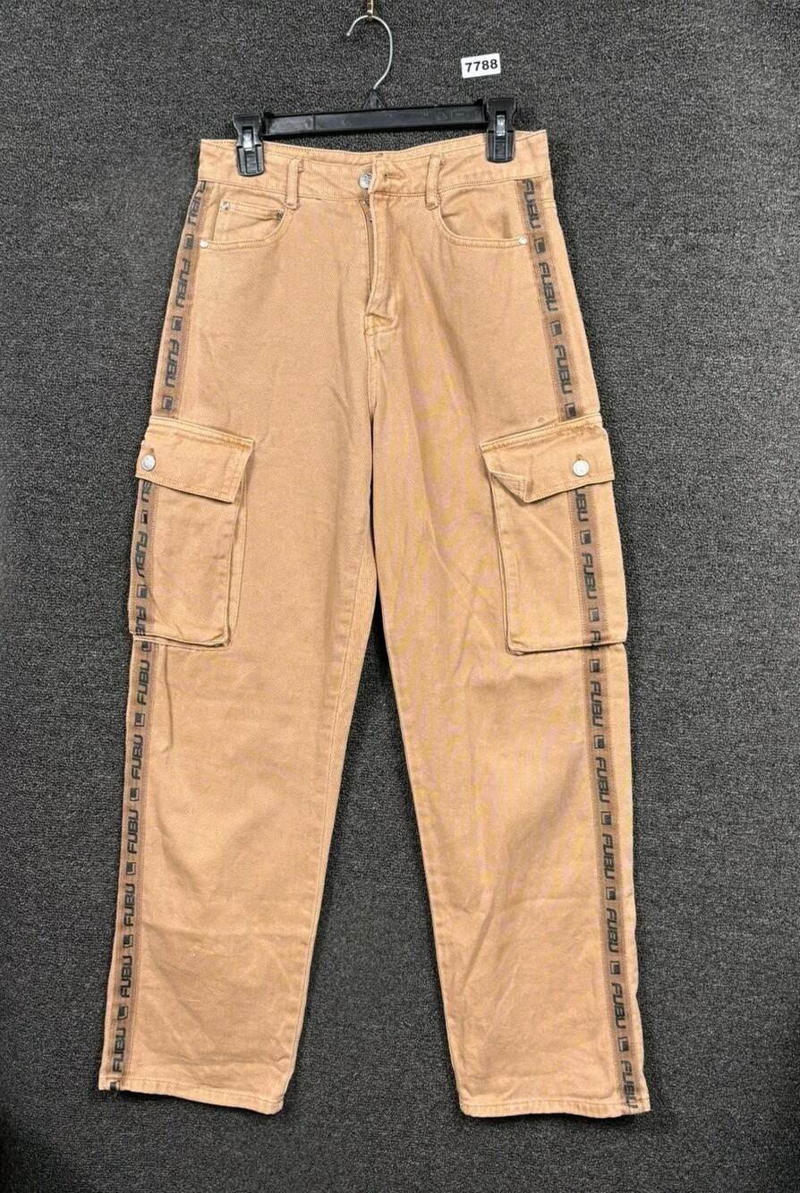 FUBU Pants Womens Size M Beige Cargo Denim Logo Tape Fubu 05 Forever 21 Hip Hop